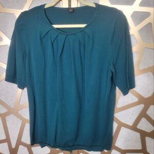 ANN TAYLOR FACTORY Deep Teal Pleated Neckline Short Sleeve Pullover